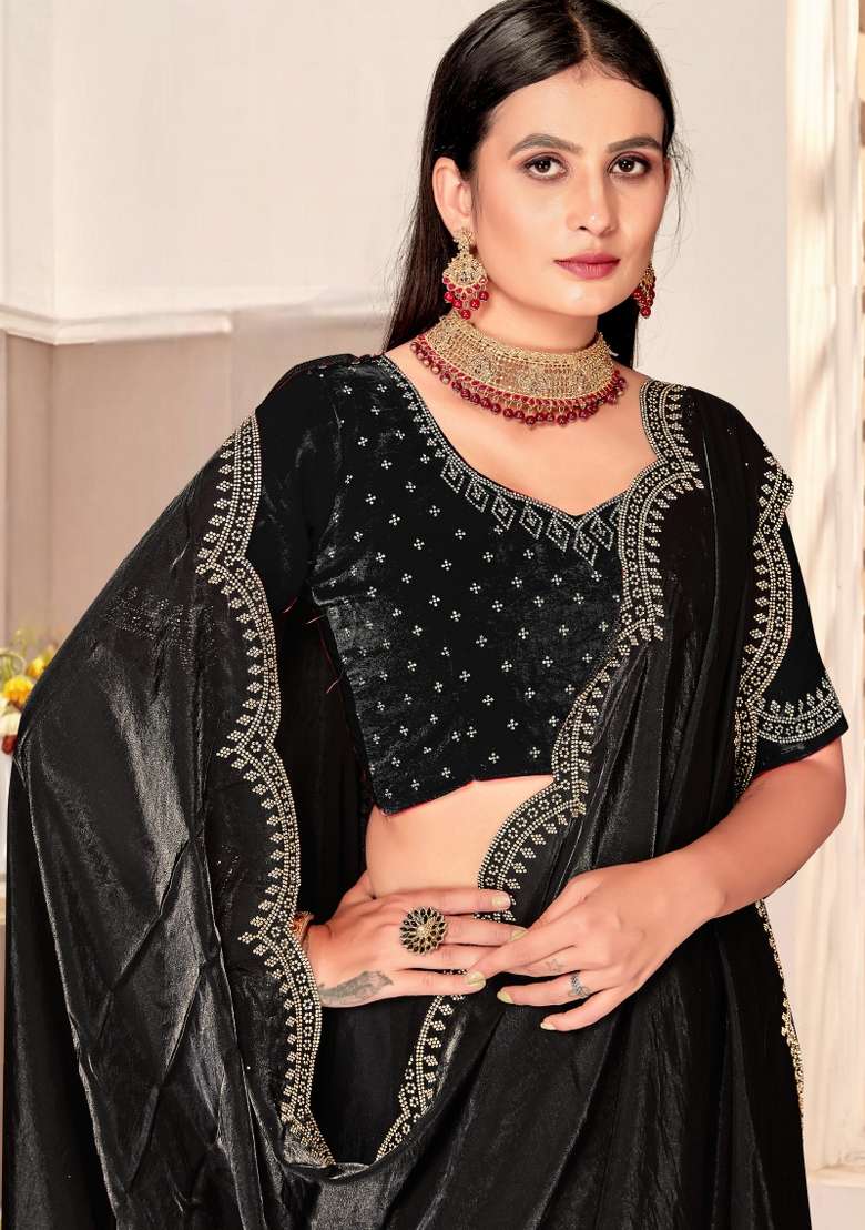 Black Embellished Silk Blend Saree Set for Diwali | Wedding & Festive Wear - Indya