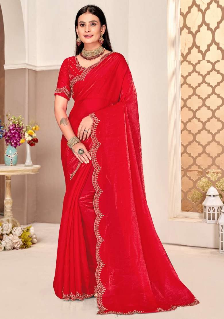 Red Embellished Silk Blend Saree Set for Diwali and Festive Wear - Indya