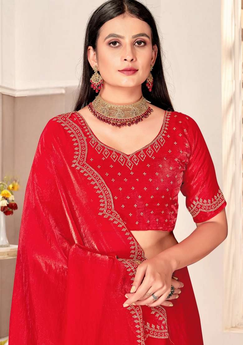 Red Embellished Silk Blend Saree Set for Diwali and Festive Wear - Indya
