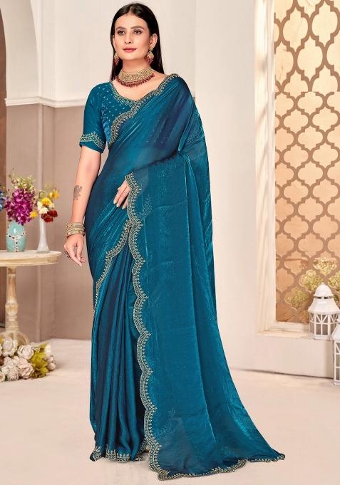 Blue Embellished Silk Saree Set