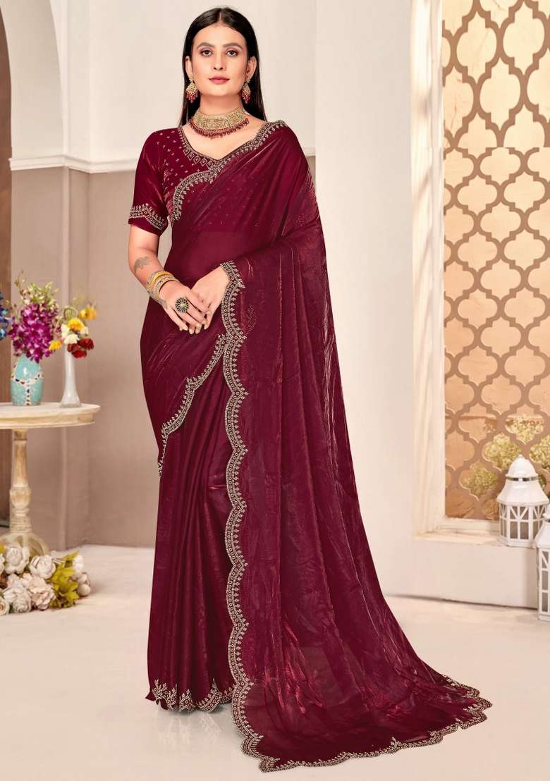 Wine Embellished Silk Blend Saree Set for Diwali and Festive Wear - Indya