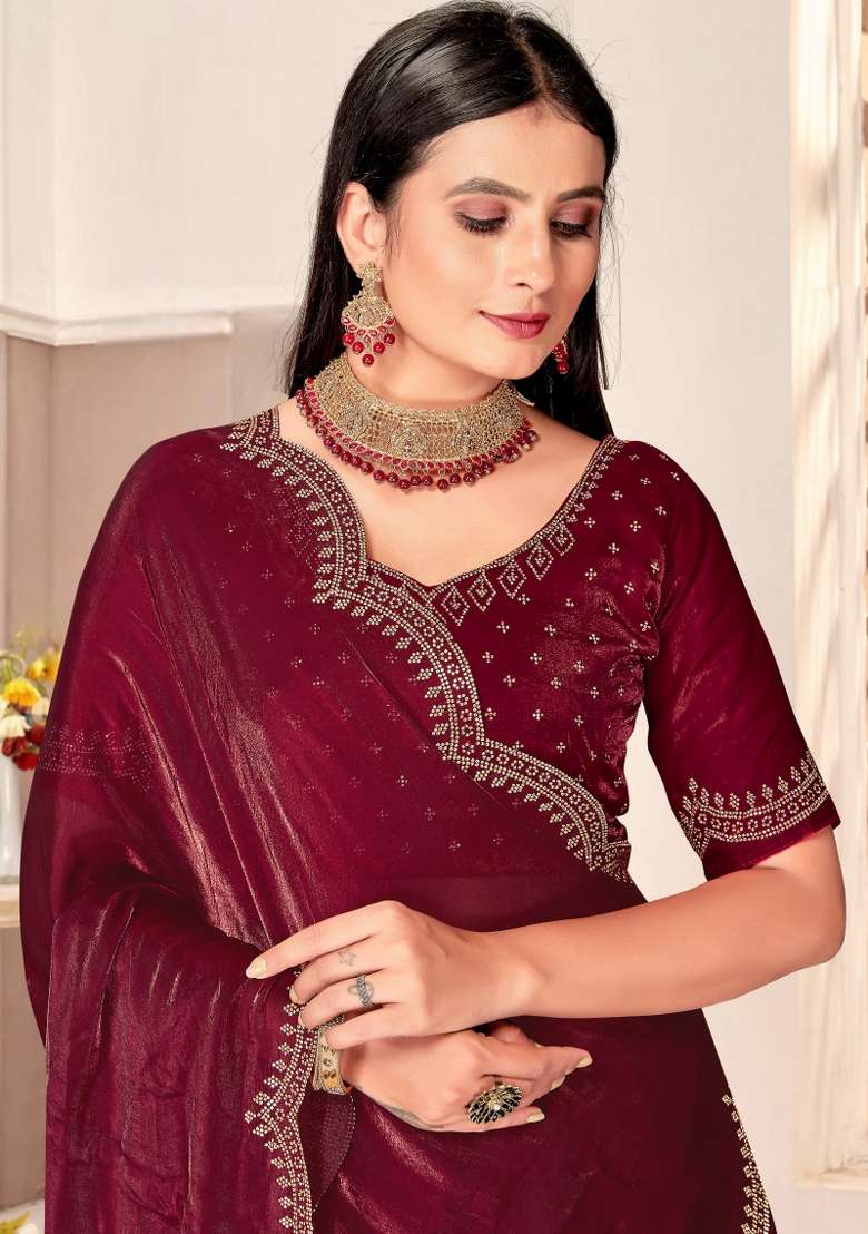 Wine Embellished Silk Blend Saree Set for Diwali and Festive Wear - Indya