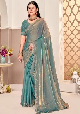 Dusty Rama Embellished Silk Blend Saree Set
