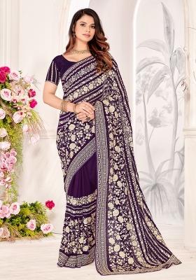 Purple Embroidered Georgette Saree Set