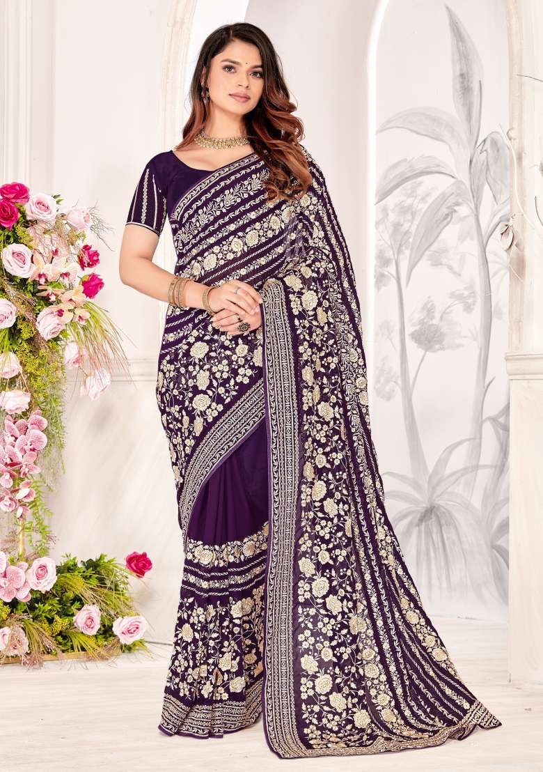 Purple Embroidered Georgette Saree Set - Indya