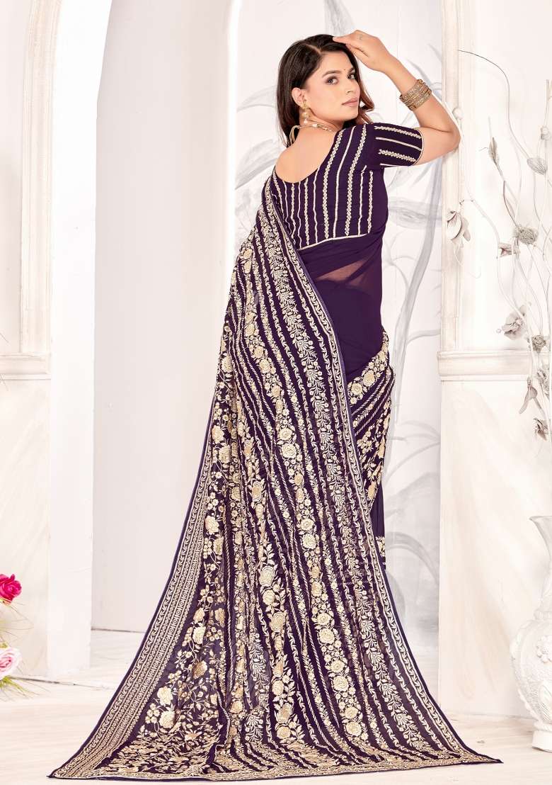 Purple Embroidered Georgette Saree Set - Indya