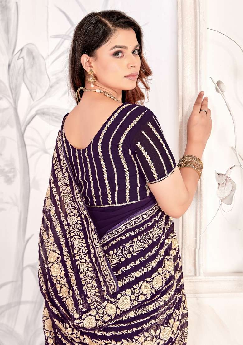 Purple Embroidered Georgette Saree Set - Indya