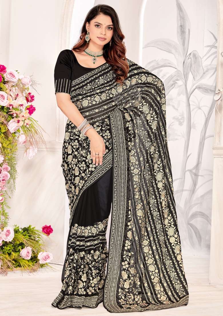 Black Embroidered Georgette Saree Set - Indya