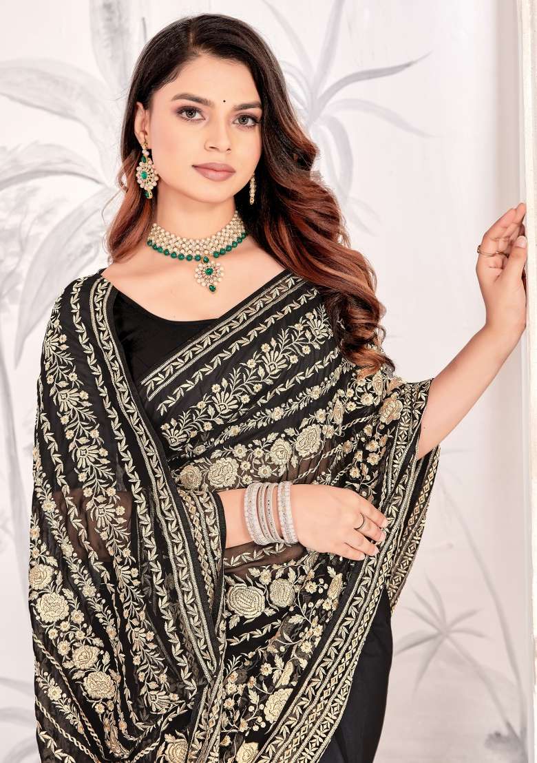 Black Embroidered Georgette Saree Set - Indya