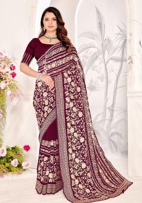 Maroon Embroidered Georgette Saree Set
