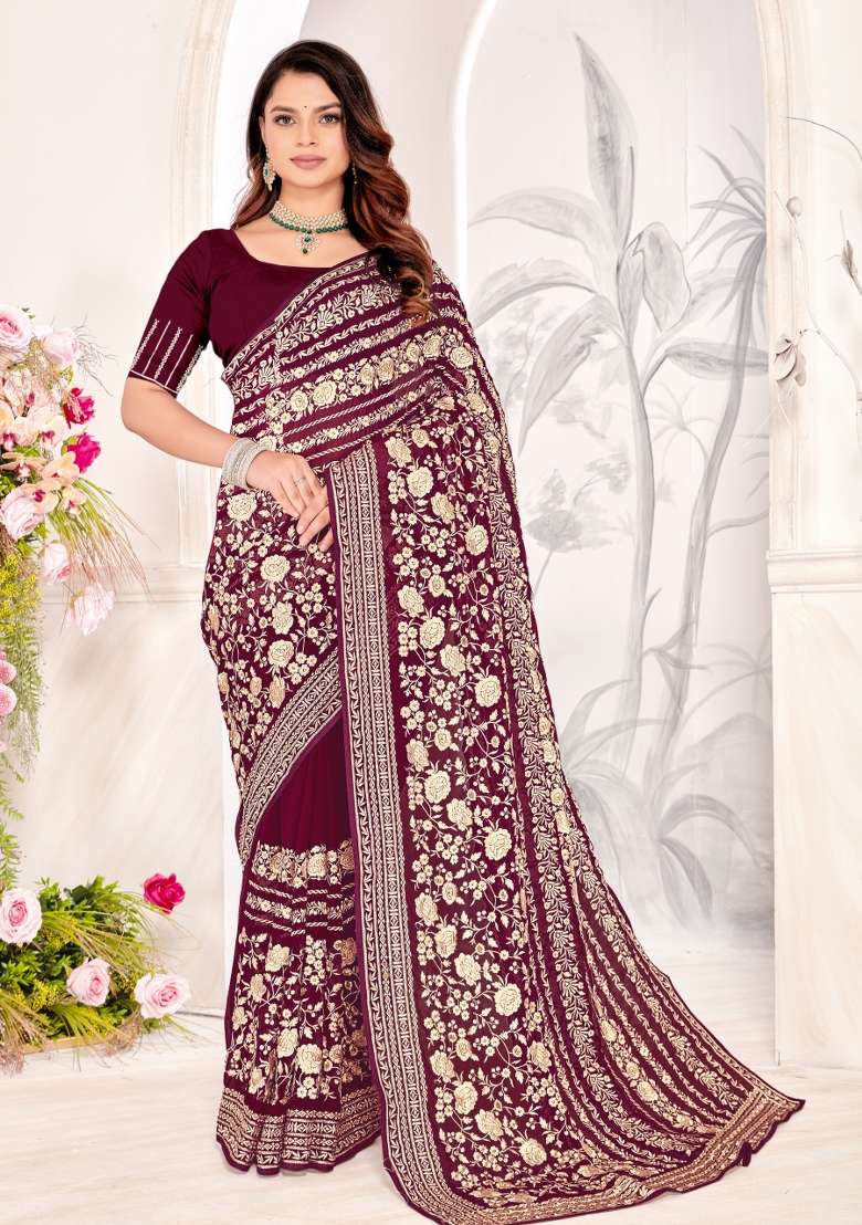 Maroon Embroidered Georgette Saree Set - Indya