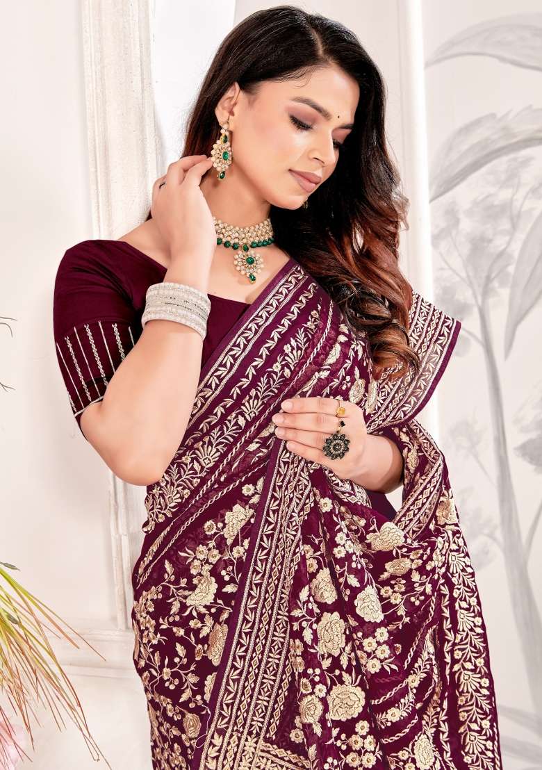 Maroon Embroidered Georgette Saree Set - Indya