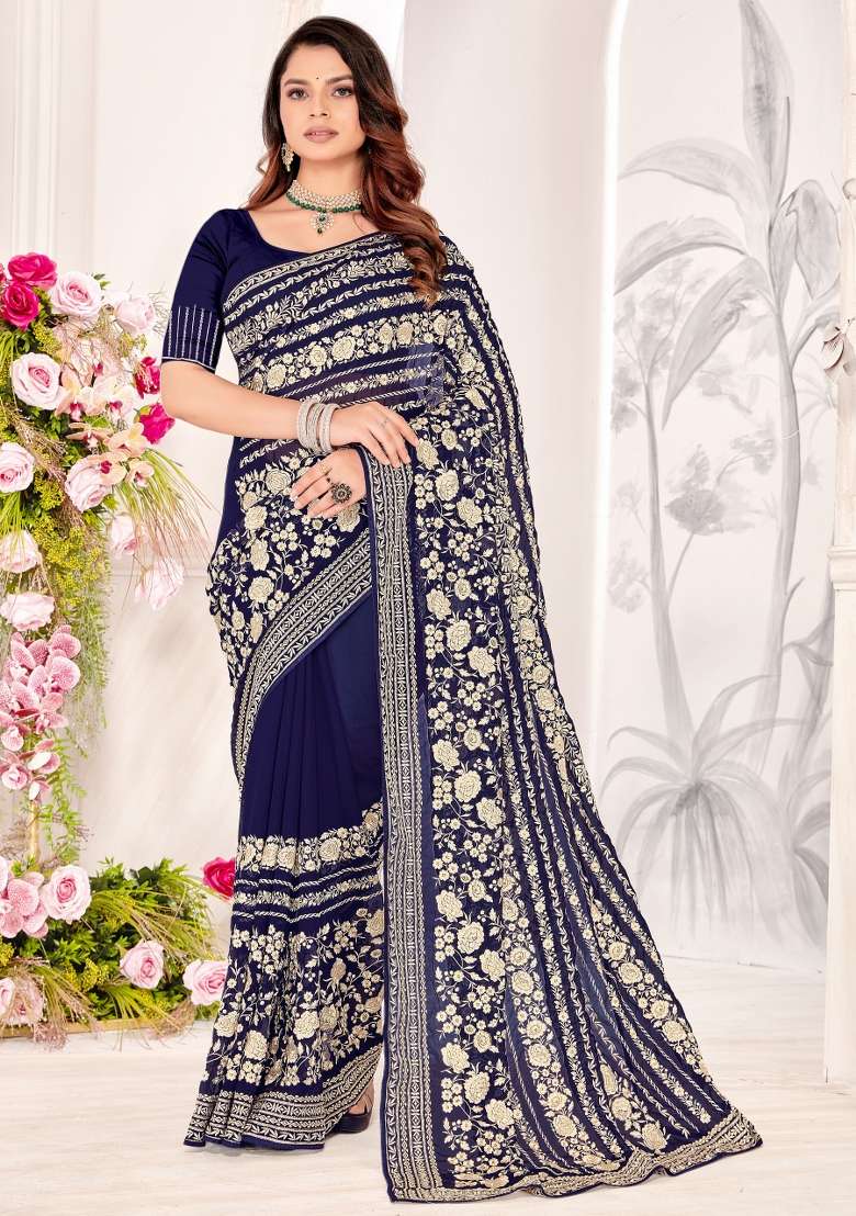 Navy Blue Embroidered Georgette Saree Set - Indya