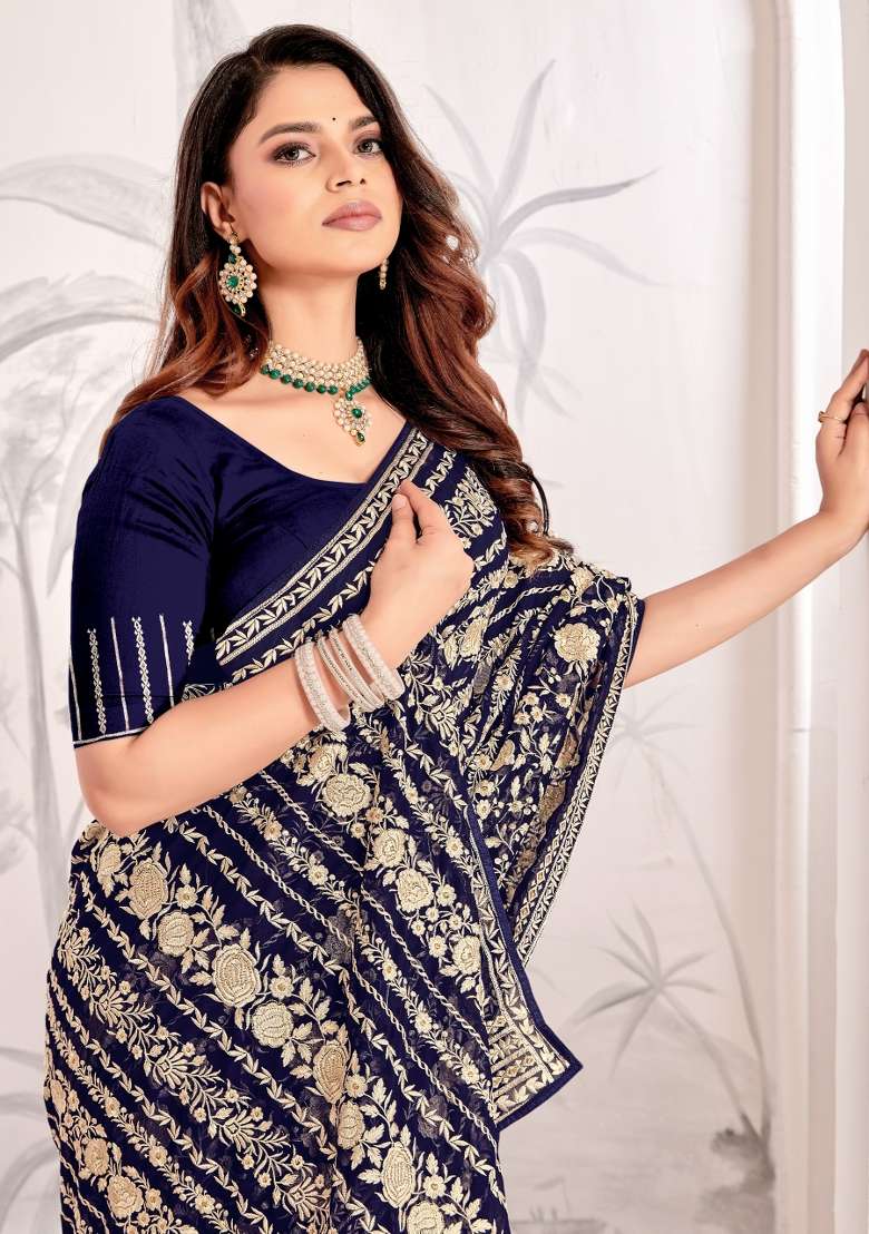 Navy Blue Embroidered Georgette Saree Set - Indya