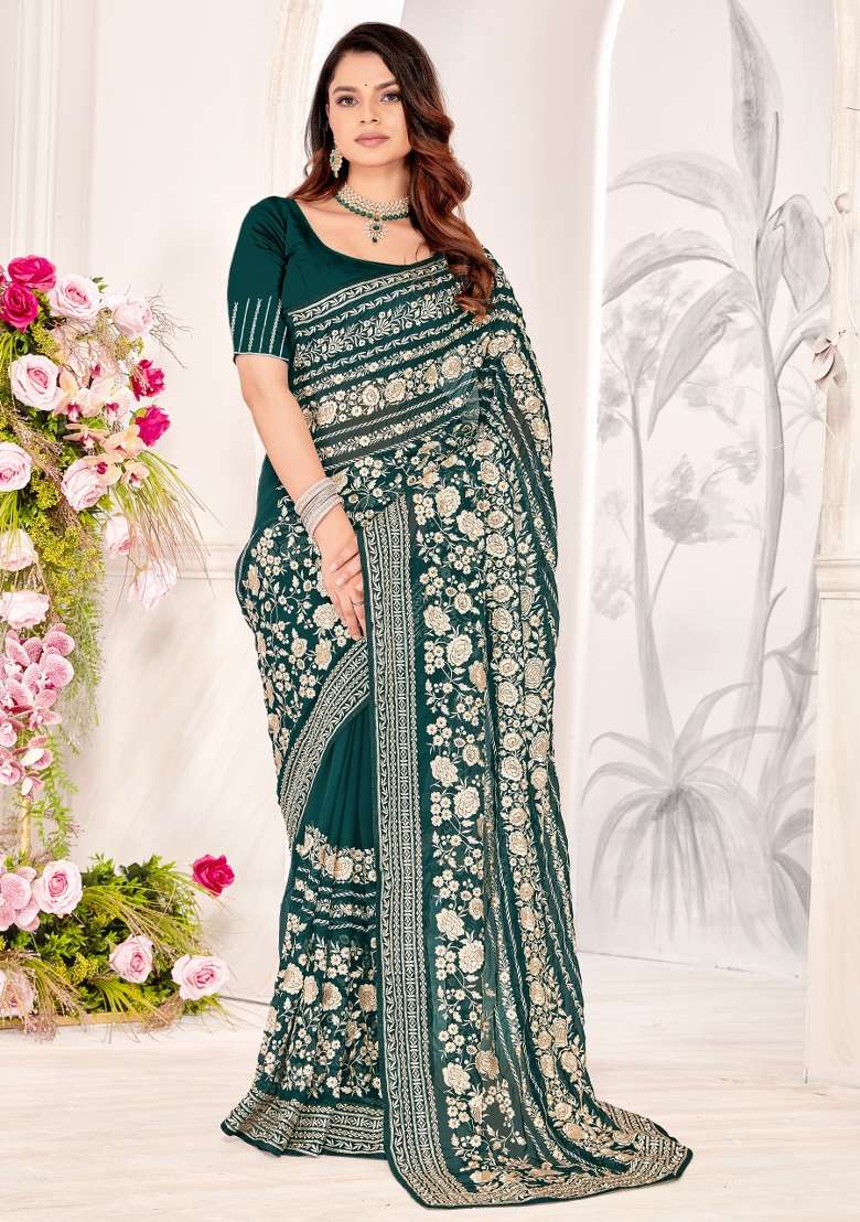 Rama Green Embroidered Georgette Saree Set - Indya