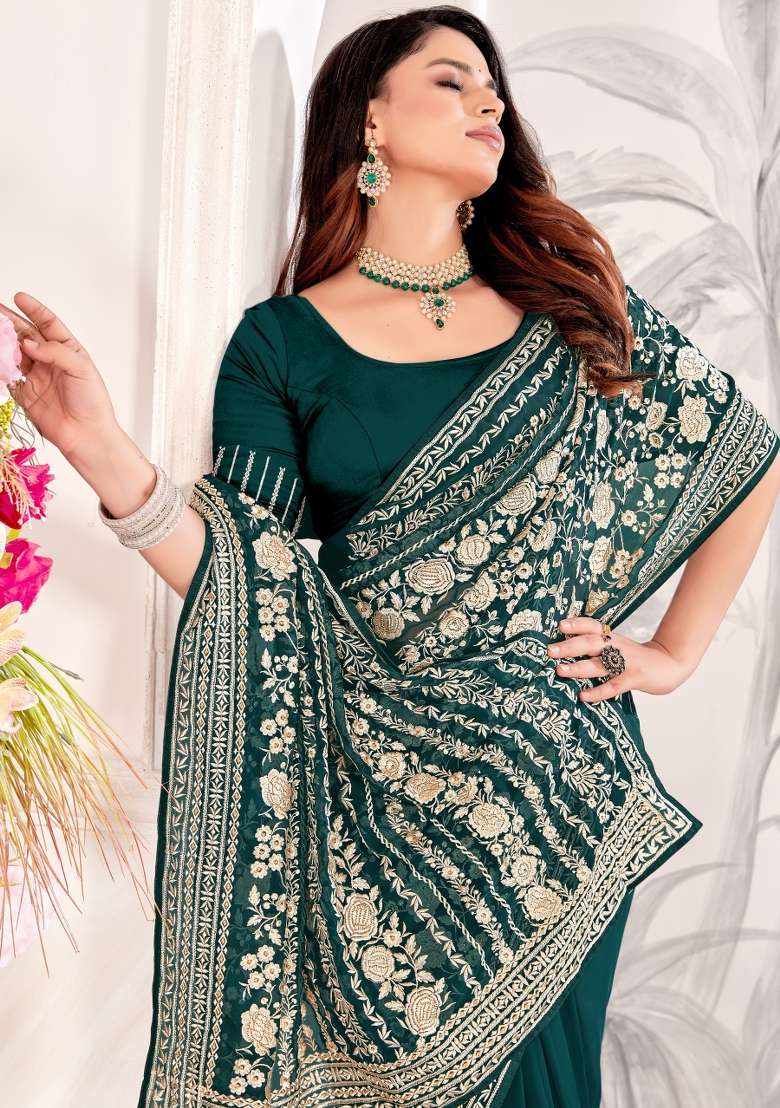 Rama Green Embroidered Georgette Saree Set - Indya
