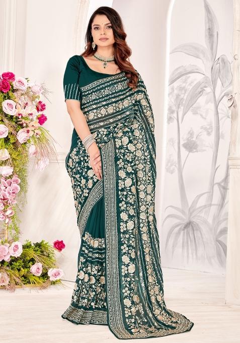 Rama Green Embroidered Georgette Saree Set