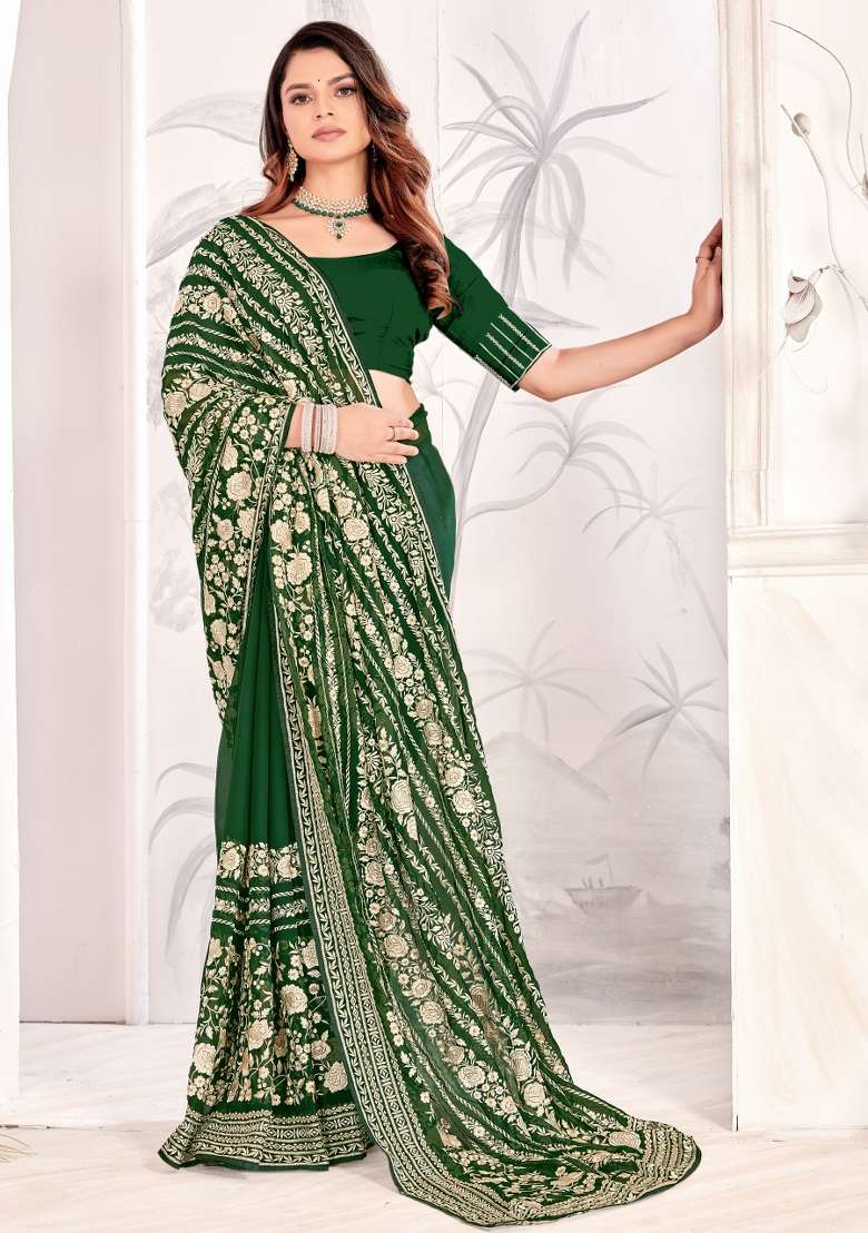 Bottle Green Embroidered Georgette Saree Set - Indya