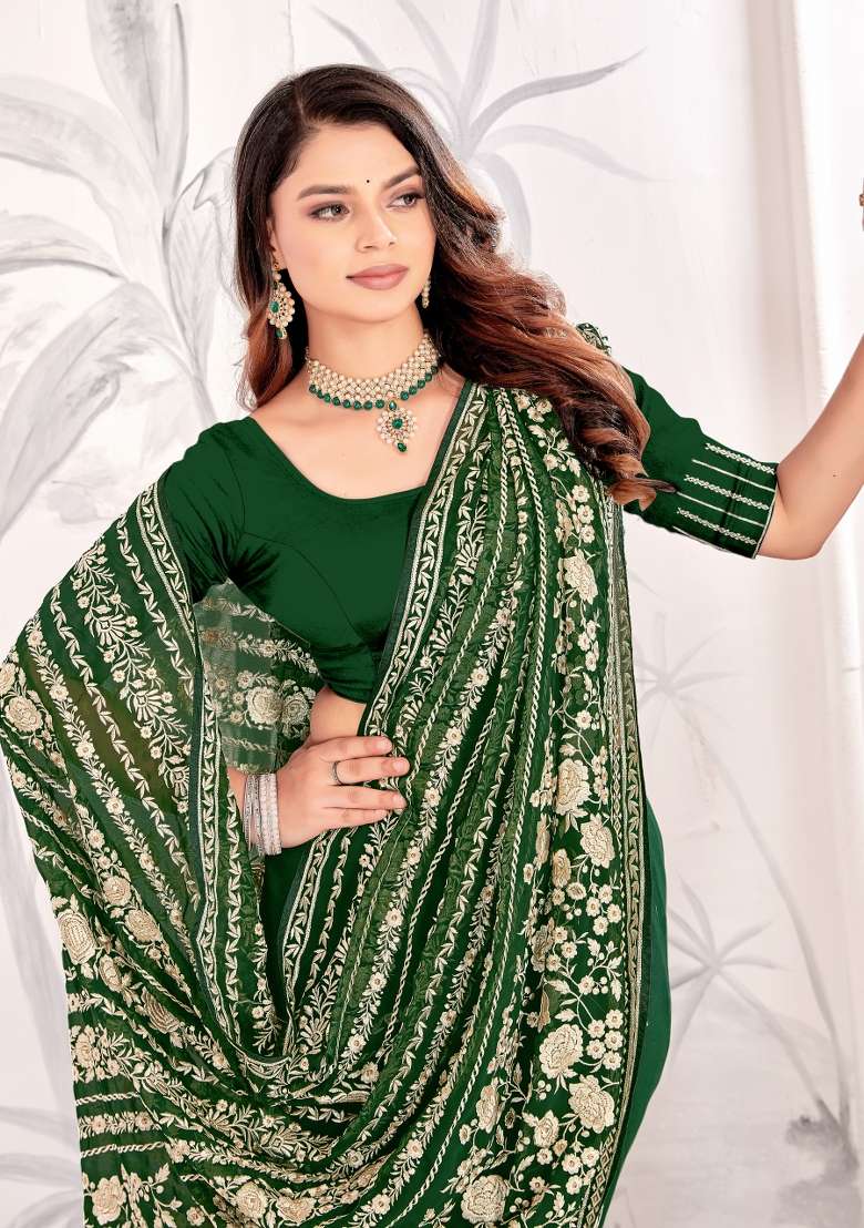 Bottle Green Embroidered Georgette Saree Set - Indya