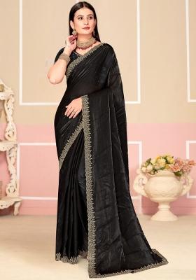 Black Embellished Silk Saree Set