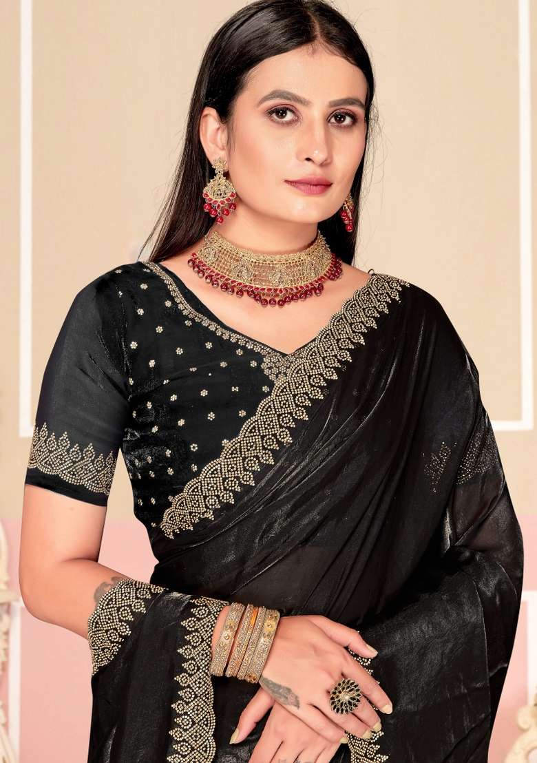 Black Embellished Silk Blend Saree Set for Diwali | Wedding & Festive Wear - Indya
