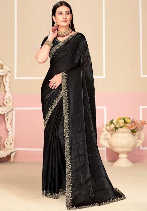 Black Embellished Silk Saree Set