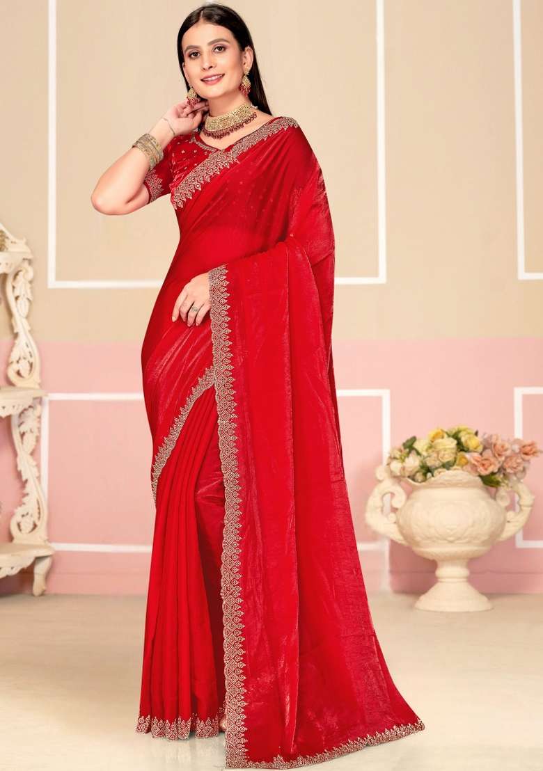 Red Embellished Silk Blend Saree Set for Diwali | Wedding & Festive Wear - Indya