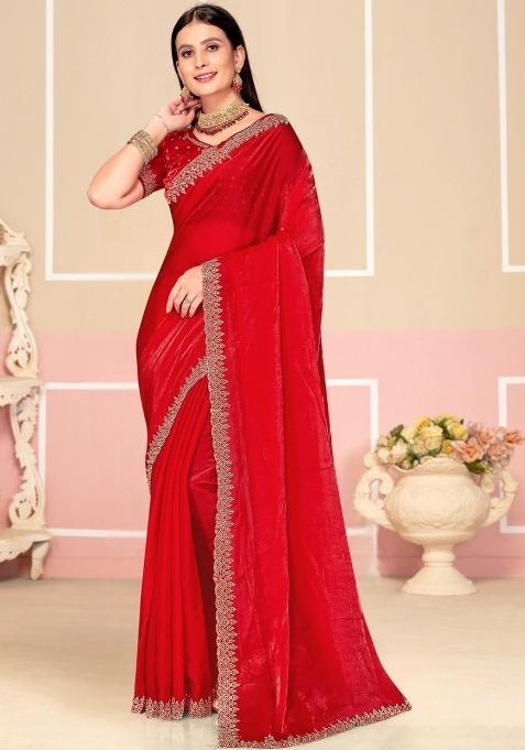 Red Embellished Silk Saree Set