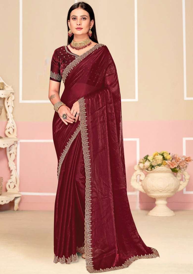 Wine Embellished Silk Blend Saree Set for Diwali | Wedding & Festive Wear - Indya