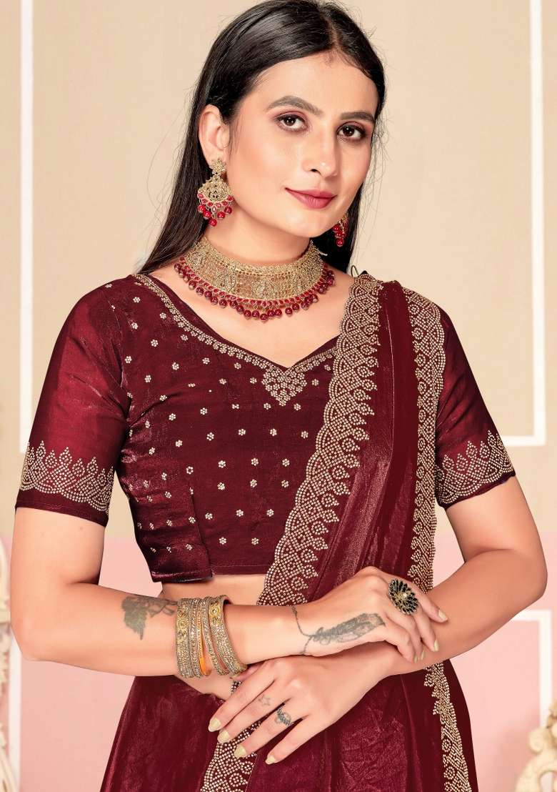 Wine Embellished Silk Blend Saree Set for Diwali | Wedding & Festive Wear - Indya