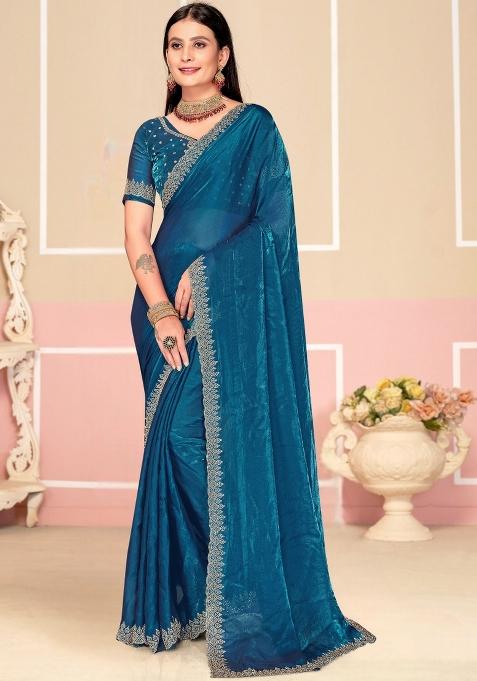 Blue Embellished Silk Saree Set