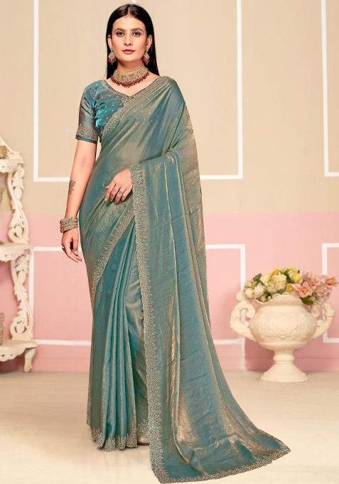 Dusty Rama Embellished Silk Saree Set