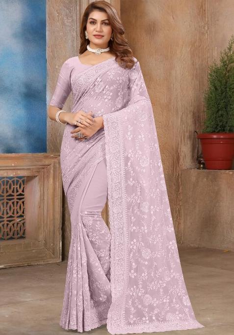 Lavender Embroidered Georgette Saree Set