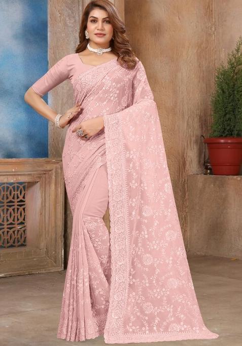 Pink Embroidered Georgette Saree Set