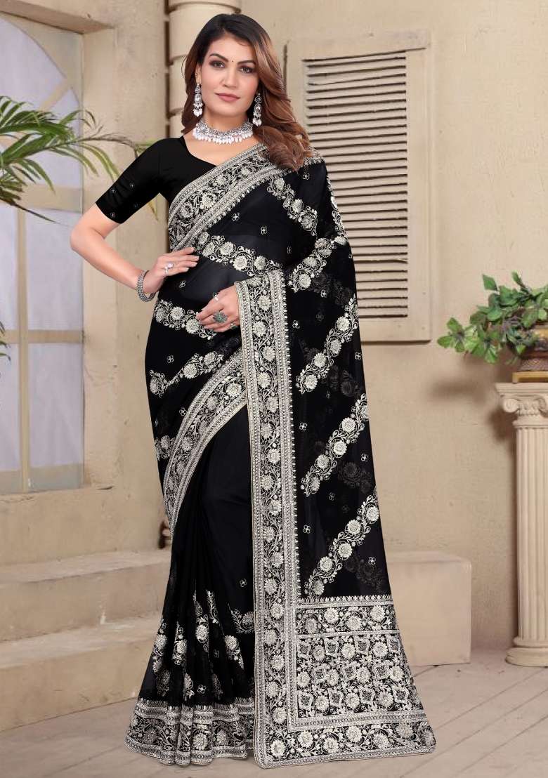 Black Embroidered Georgette Saree Set - Indya