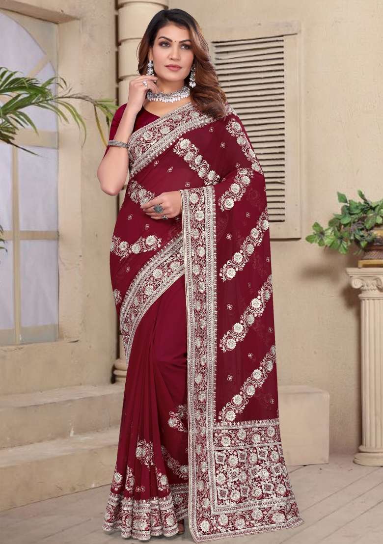 Maroon Embroidered Georgette Saree Set - Indya