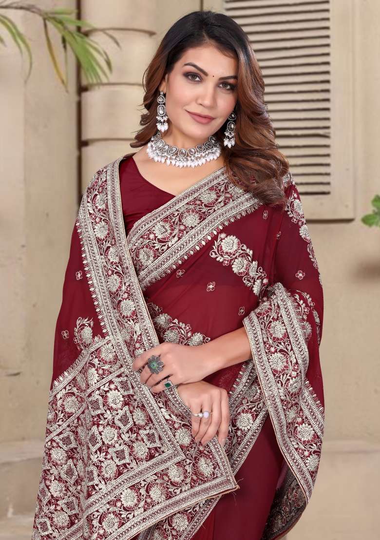 Maroon Embroidered Georgette Saree Set - Indya