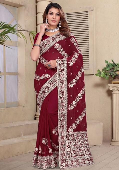 Maroon Embroidered Georgette Saree Set