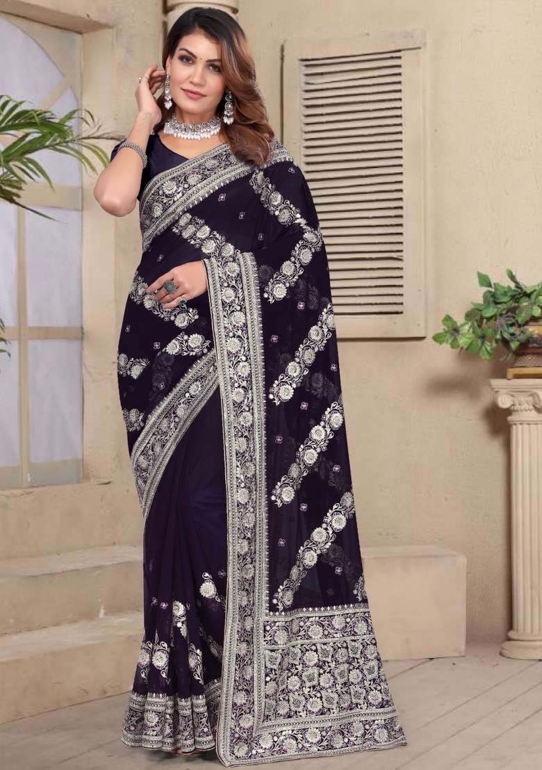 Purple Embroidered Georgette Saree Set - Indya