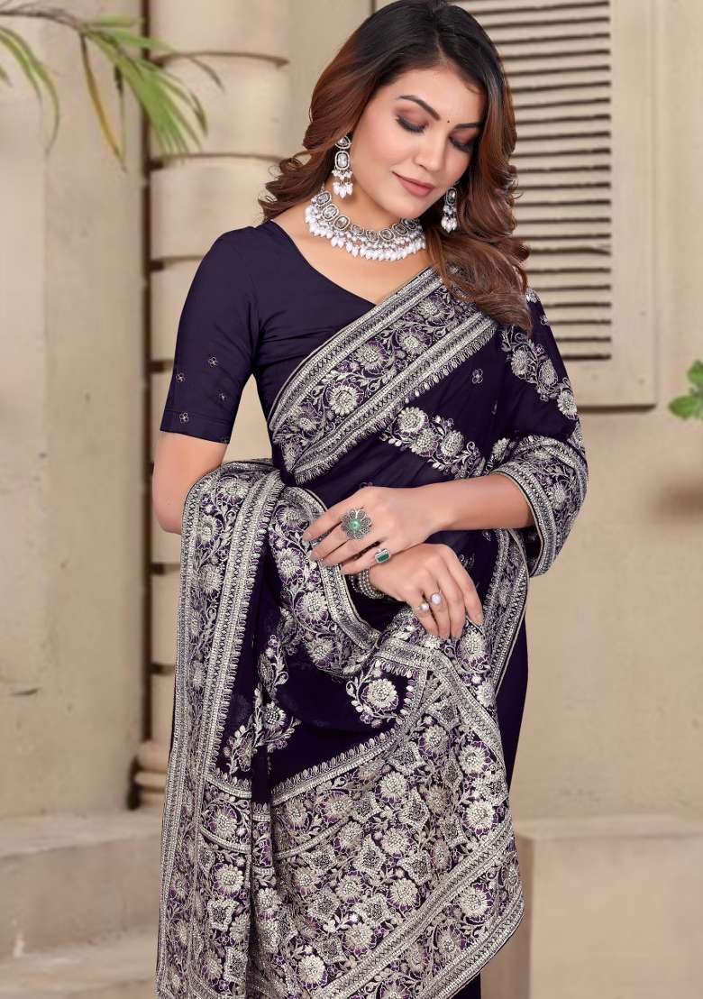 Purple Embroidered Georgette Saree Set - Indya