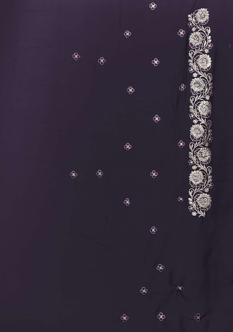 Purple Embroidered Georgette Saree Set - Indya