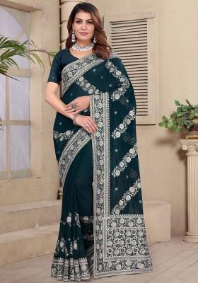 Blue Embroidered Georgette Saree Set