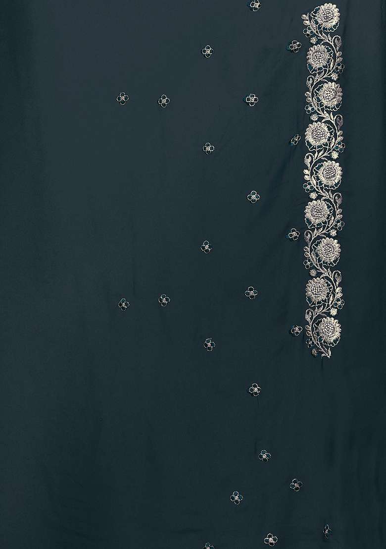 Blue Embroidered Georgette Saree Set - Indya