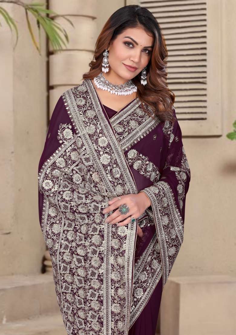 Wine Embroidered Georgette Saree Set - Indya