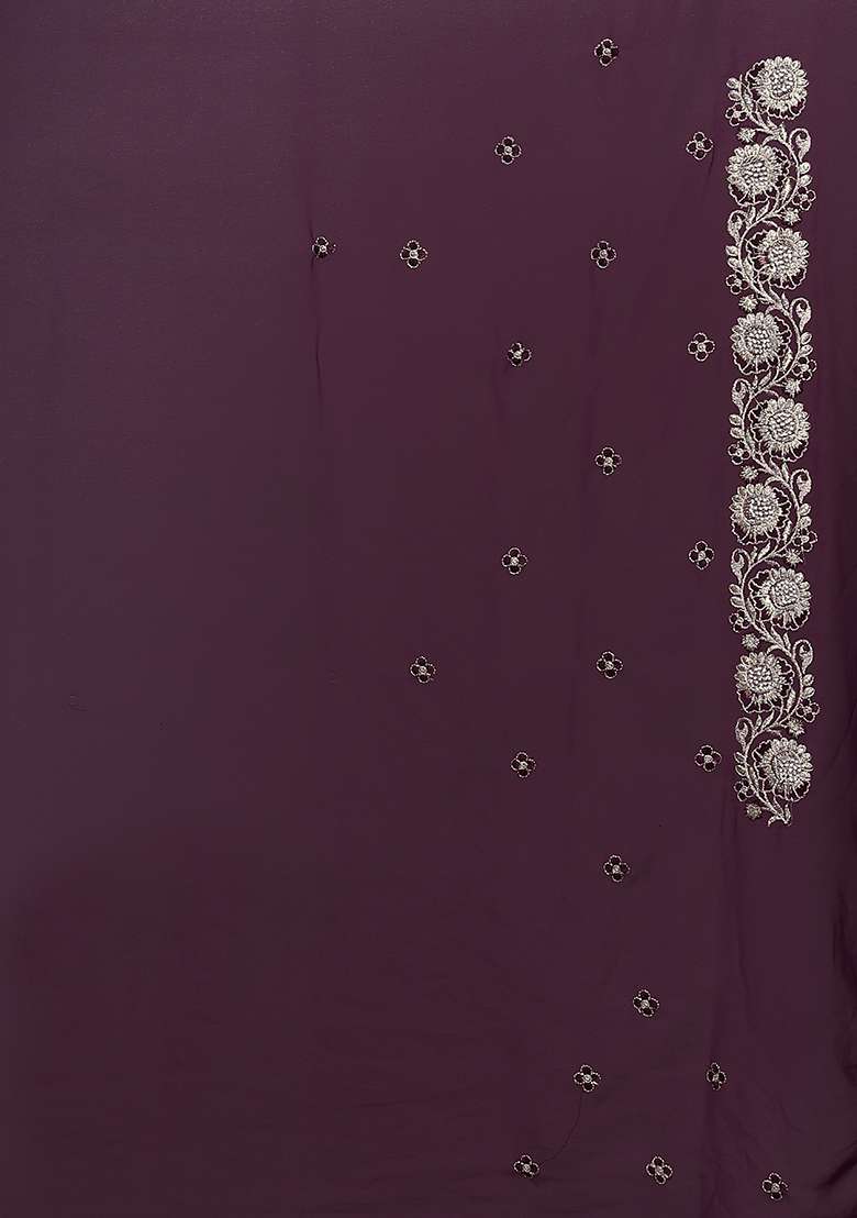 Wine Embroidered Georgette Saree Set - Indya