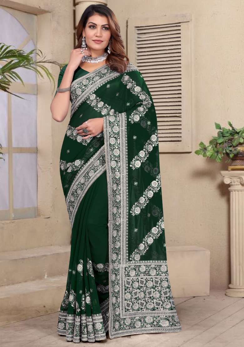 Bottle Green Embroidered Georgette Saree Set - Indya