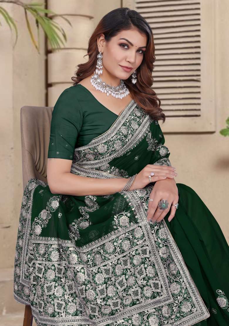 Bottle Green Embroidered Georgette Saree Set - Indya
