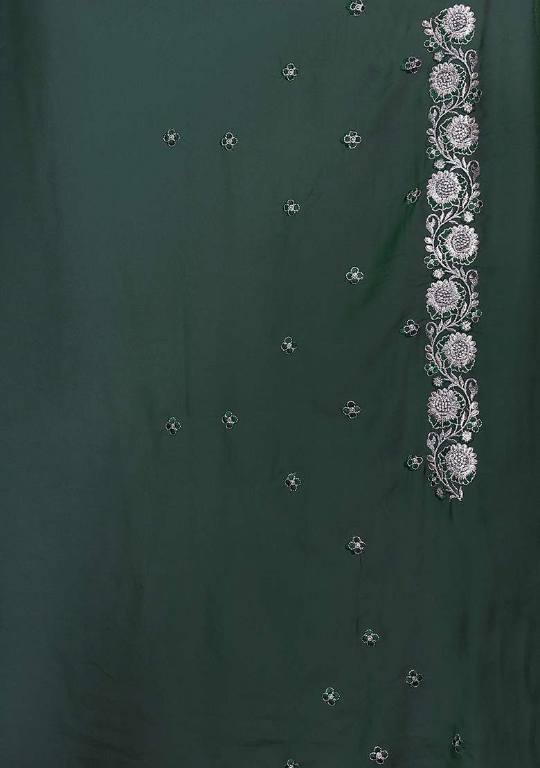 Bottle Green Embroidered Georgette Saree Set - Indya