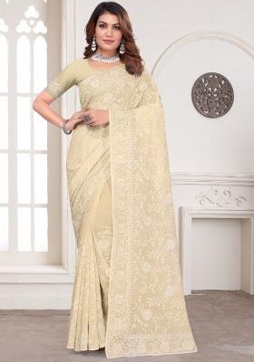 Off White Embroidered Georgette Saree Set