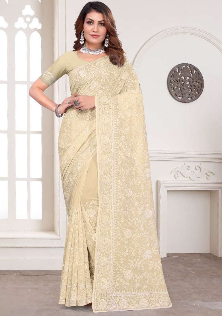 Off White Embroidered Georgette Saree Set - Indya